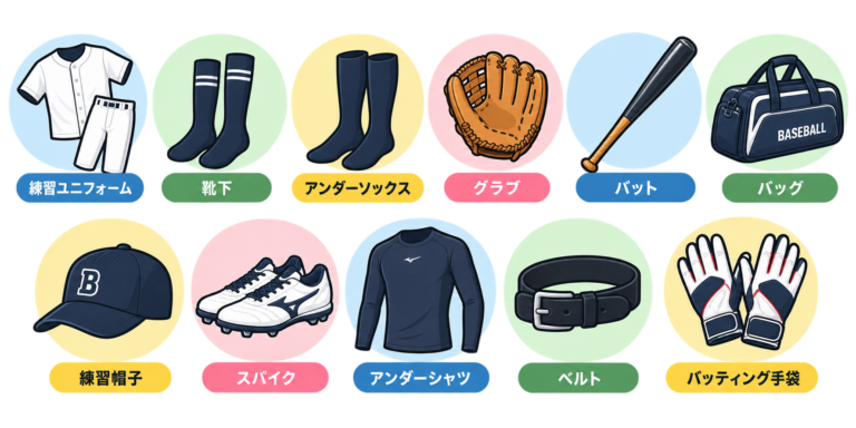 少年野球のグローブ、バット、ボールなどの道具