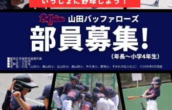 山田バッファローズの2026年選手募集チラシ。横浜市都筑区で土日祝に活動し、年長〜小学4年生を募集。男女・未経験者歓迎。