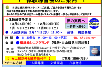 横浜緑リトルシニアの2027年度選手募集・体験練習会チラシ。小学6年生対象、鴨居・白山鶴見川河川敷のグラウンドで開催。